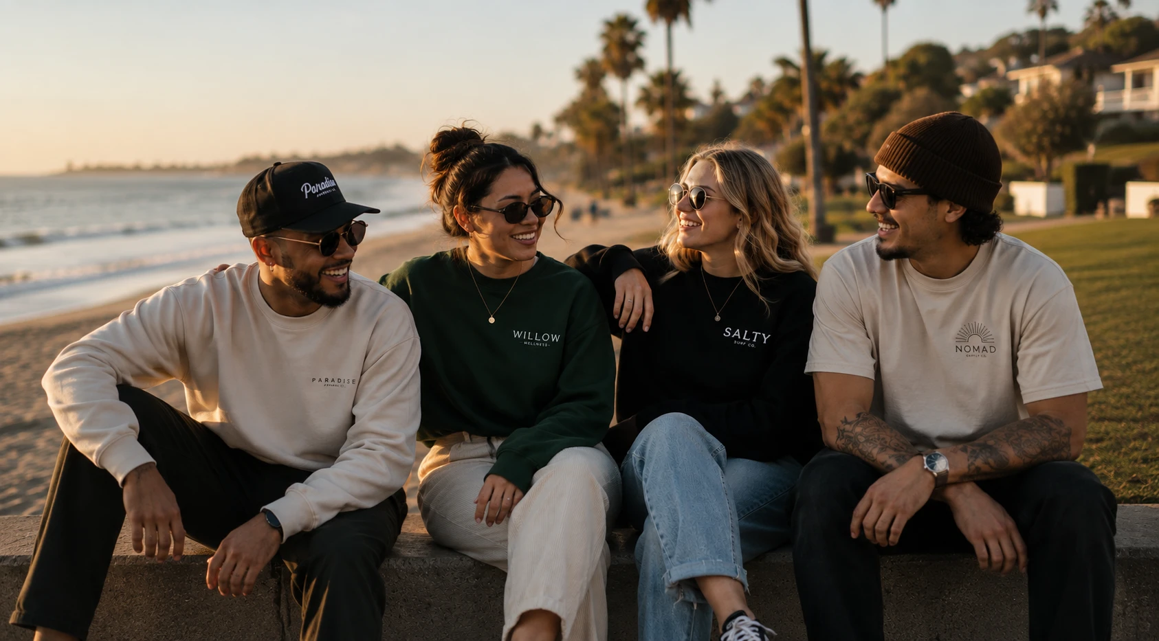 Four friends sitting on a beach wall at sunset wearing premium branded crewnecks, tees, and a cap, with palm trees and the ocean behind them