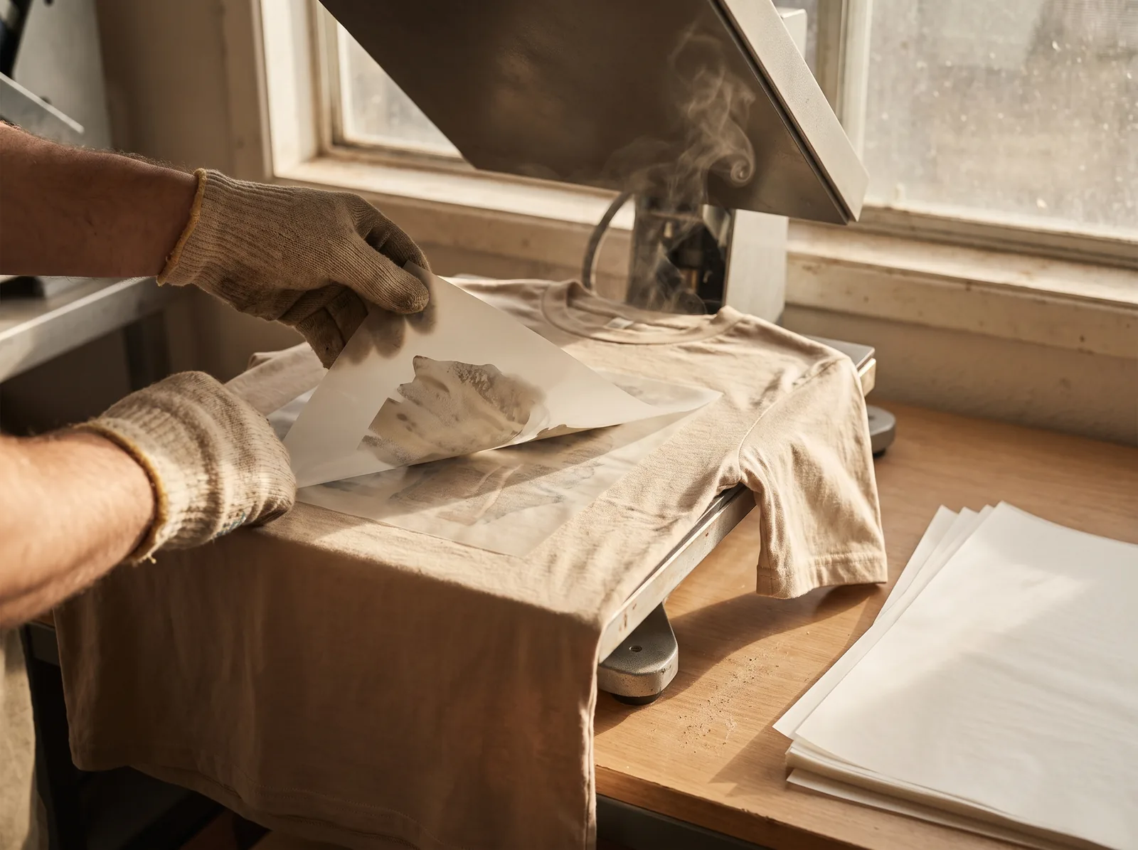 Gloved hands peeling a transfer film away from a sand coloured t-shirt beside a heat press that is still steaming