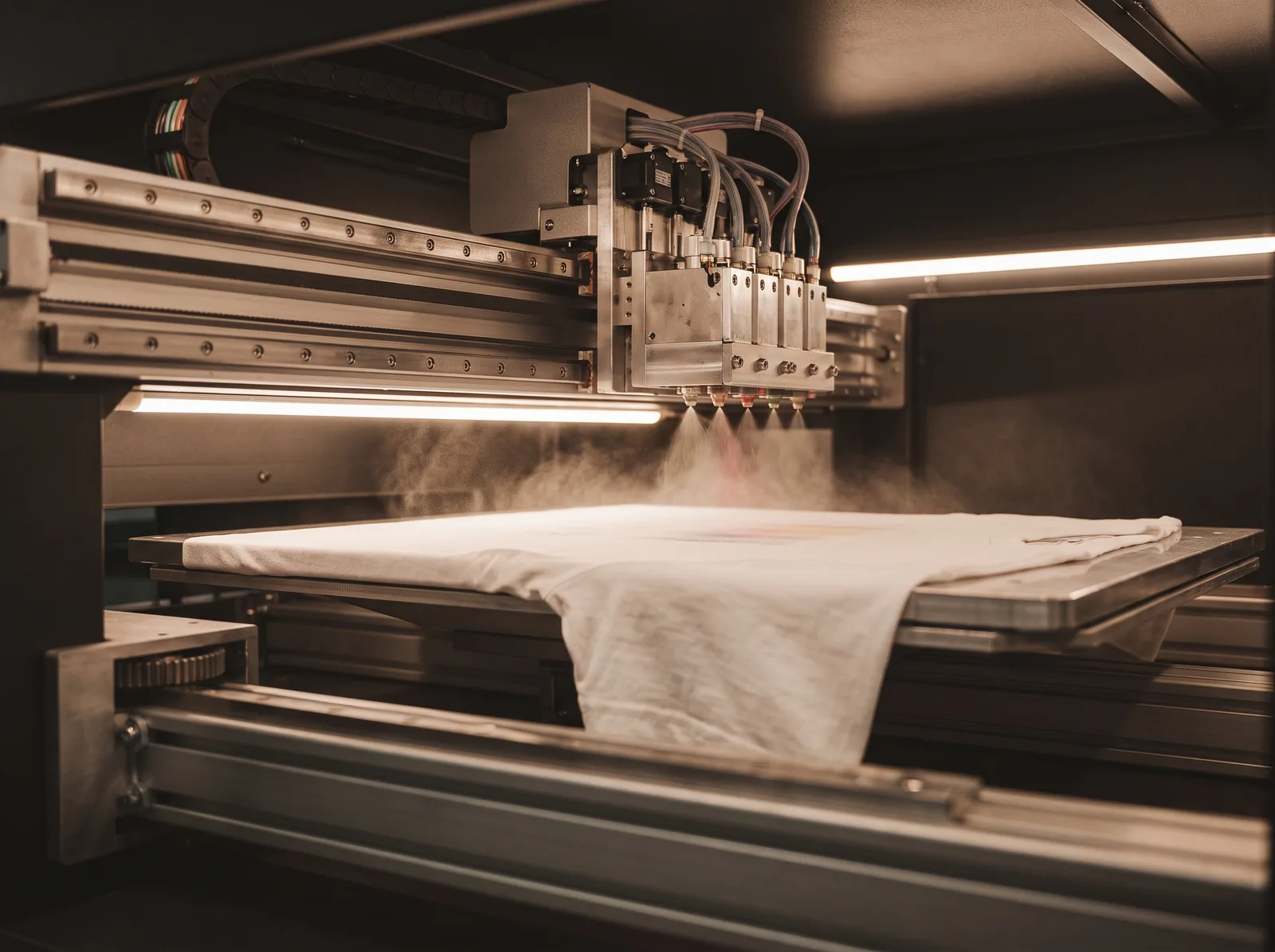 A direct to garment printer spraying ink onto a white t-shirt held flat on the platen inside the machine