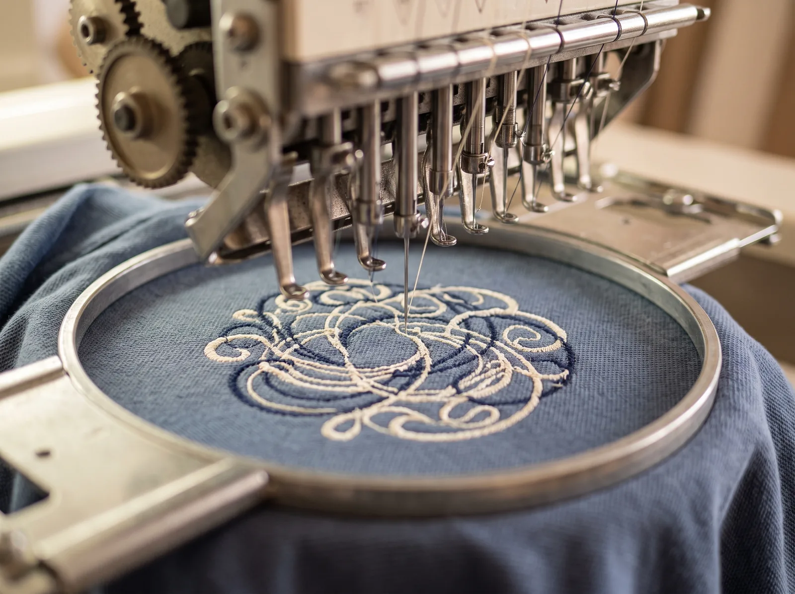 A multi needle embroidery machine stitching a cream scrollwork design into blue fabric held in a metal hoop