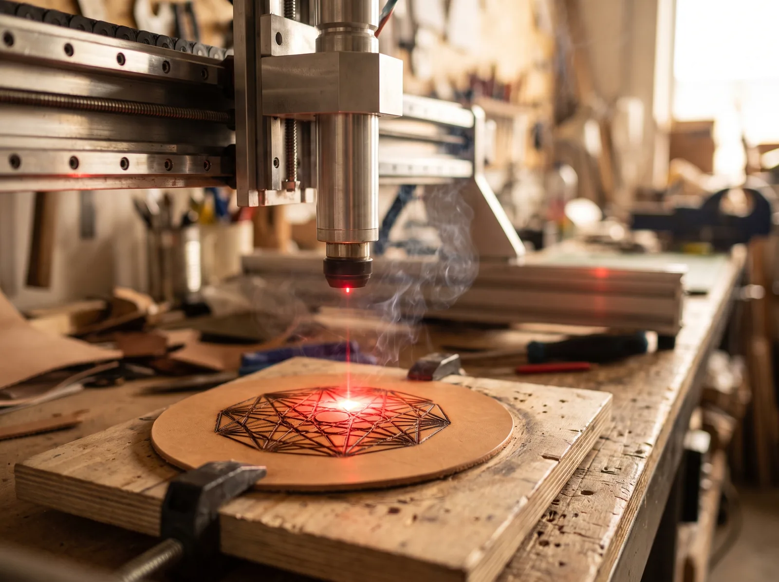A laser head burning a geometric pattern into a round wooden coaster clamped to a workbench, with a thin plume of smoke rising