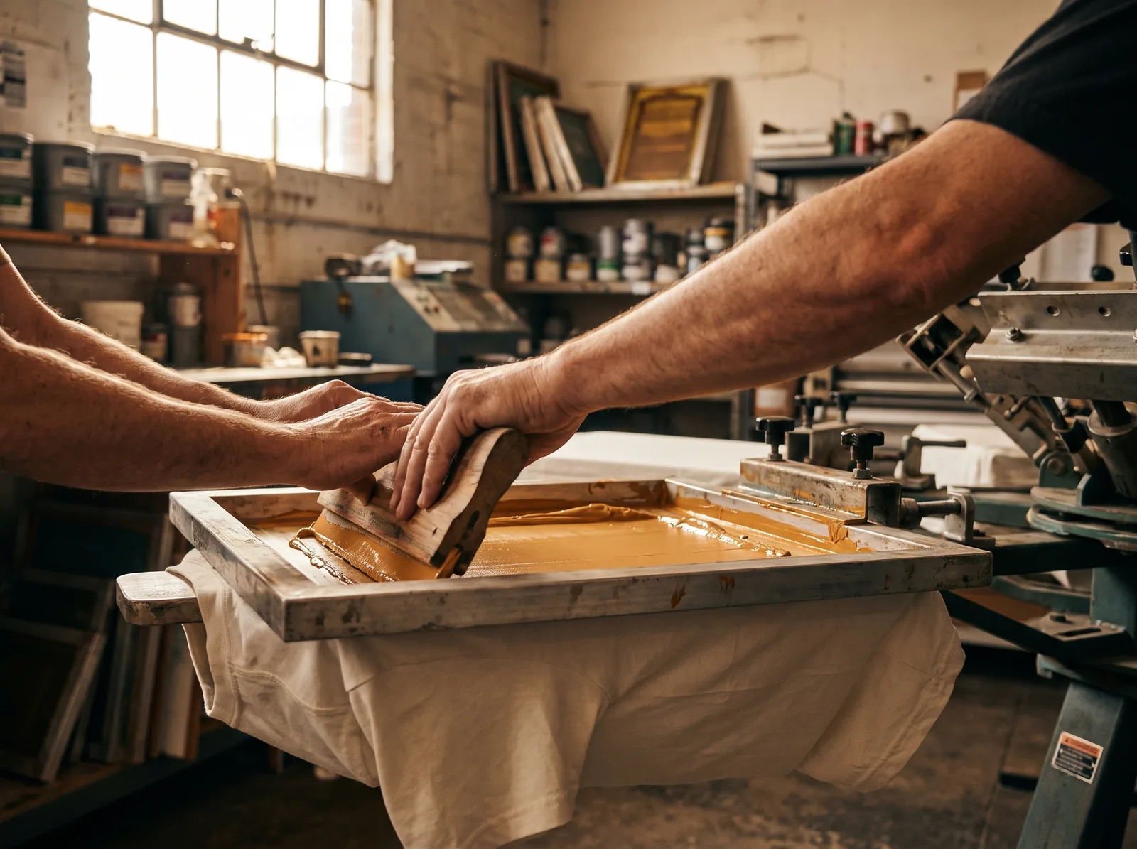 A printer pulling a squeegee of golden ink across a screen mounted over a cream t-shirt on a manual press in a daylit shop