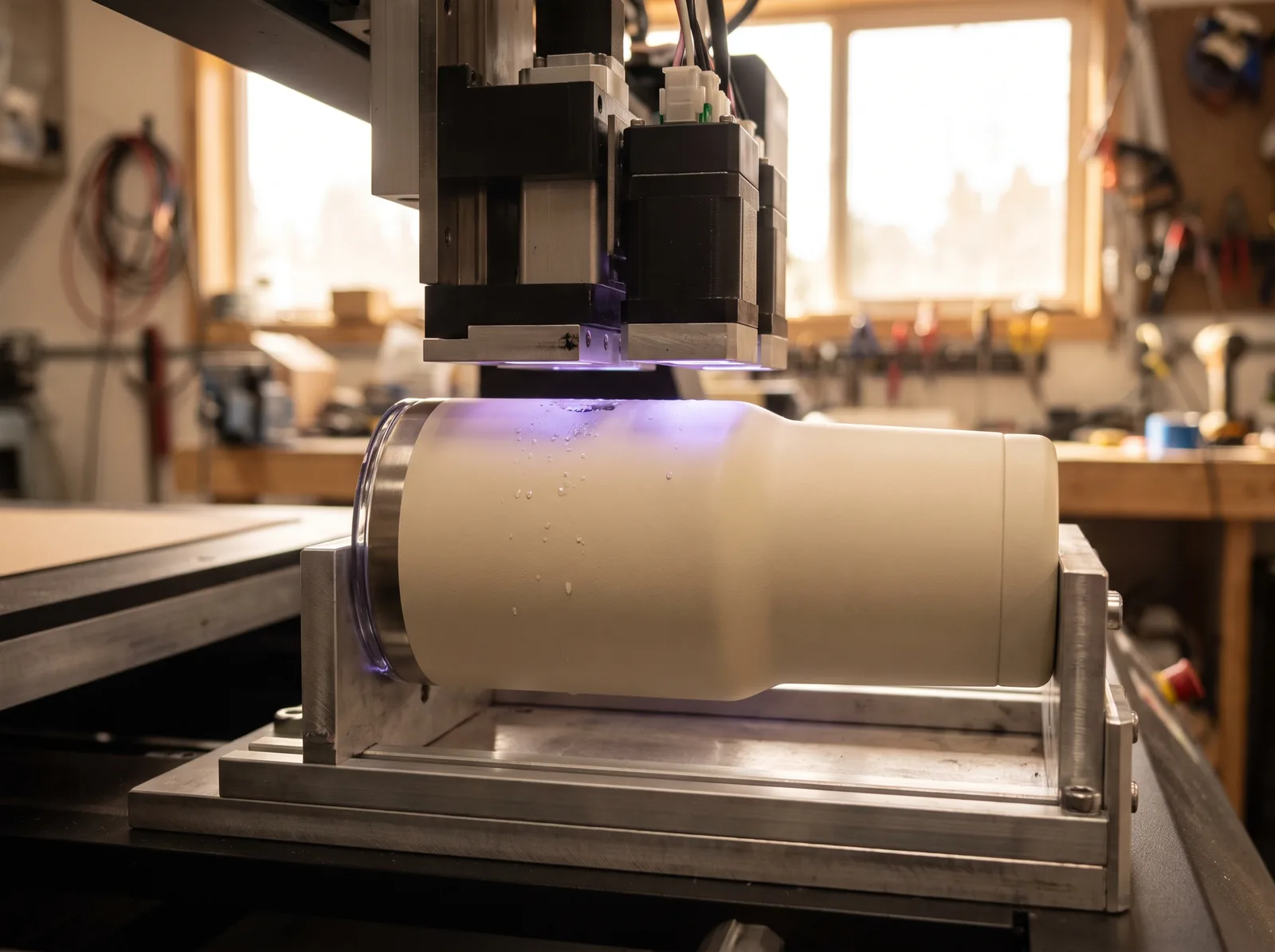 A UV printer curing ink on a cream drinkware tumbler mounted on a rotary jig, lit violet by the curing lamp