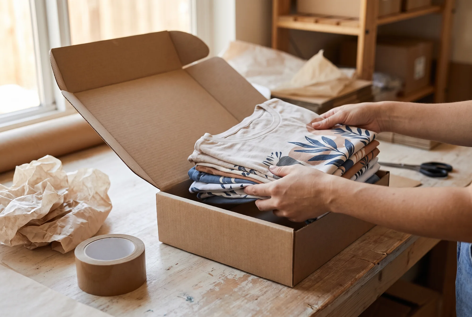 Hands placing a folded stack of printed tees into a plain kraft shipping box on a wooden packing bench