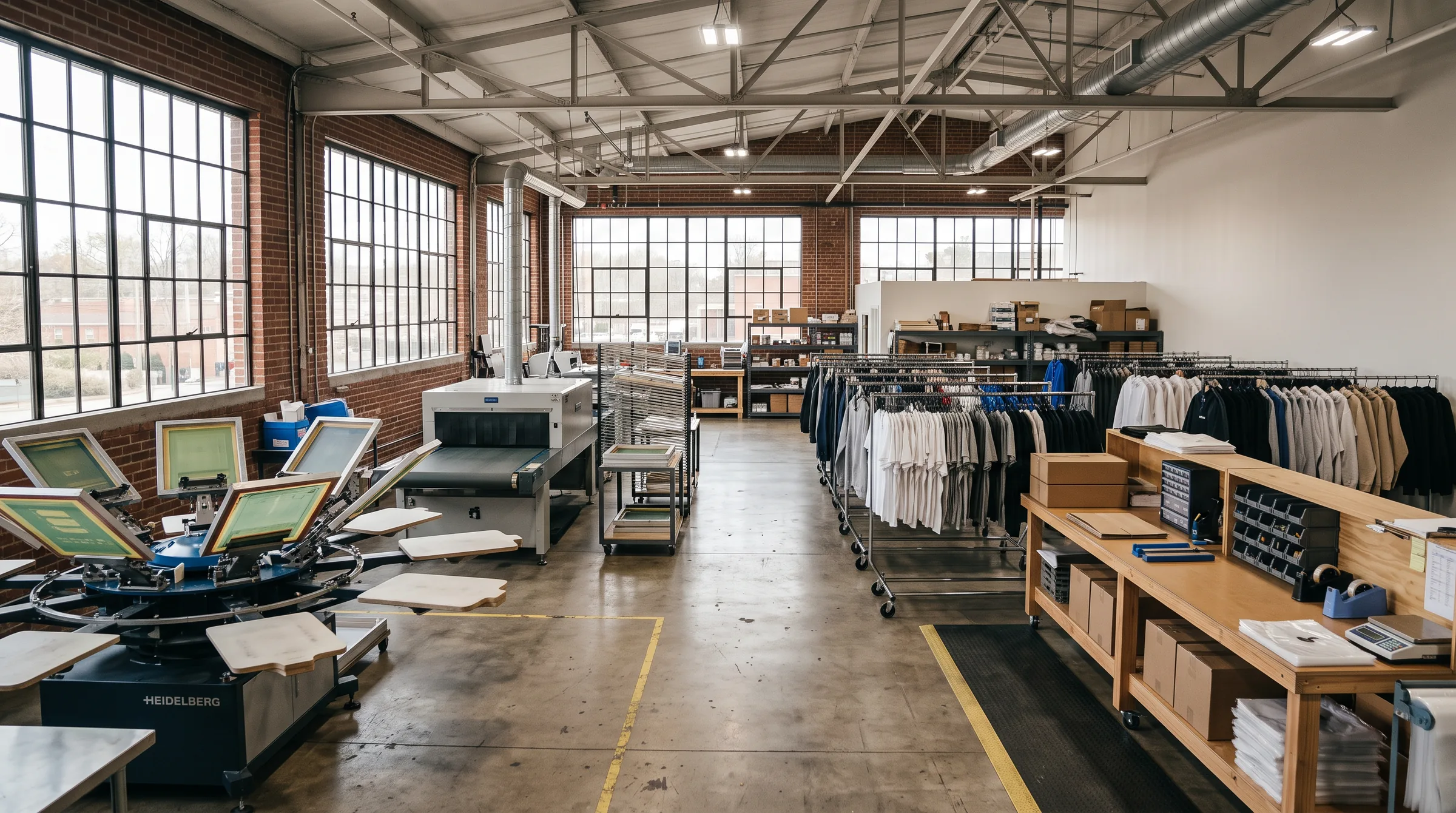 Wide view of a print shop with a screen printing carousel and conveyor dryer on one side and long racks of finished garments on the other